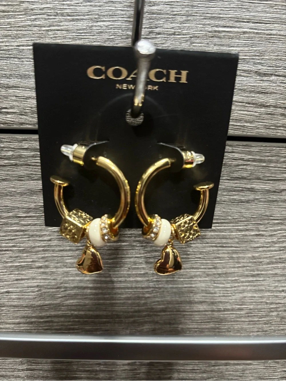 NWOT - Coach Signature Enamel Heart Cube Charm Hoop Earrings